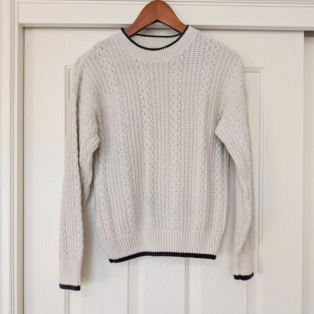 REAL CLOTHES Saks Fifth Avenue Bone White 100% Cotton Black Trim Cable Sweater M
